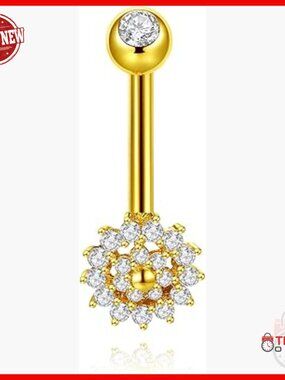 10K Yellow Gold CZ Halo Flower Belly Button Navel Ring Body Piercing Jewelry